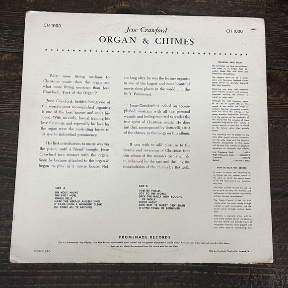 Jesse Crawford Christmas on Organ And Chimes Vintage Vinyl LP Record CH-1000 - Picture 2 of 11